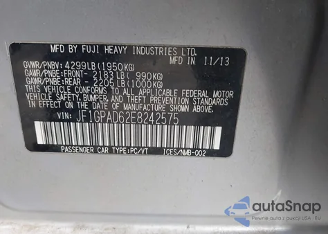 2014 Subaru Impreza 2.0I Premium из США, поврежденный, VIN JF1GPAD62E8242575